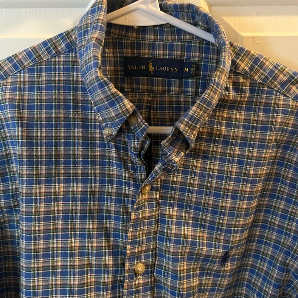 Ralph Lauren Shirt Mens M Blue plaid  100% Cotton Button down